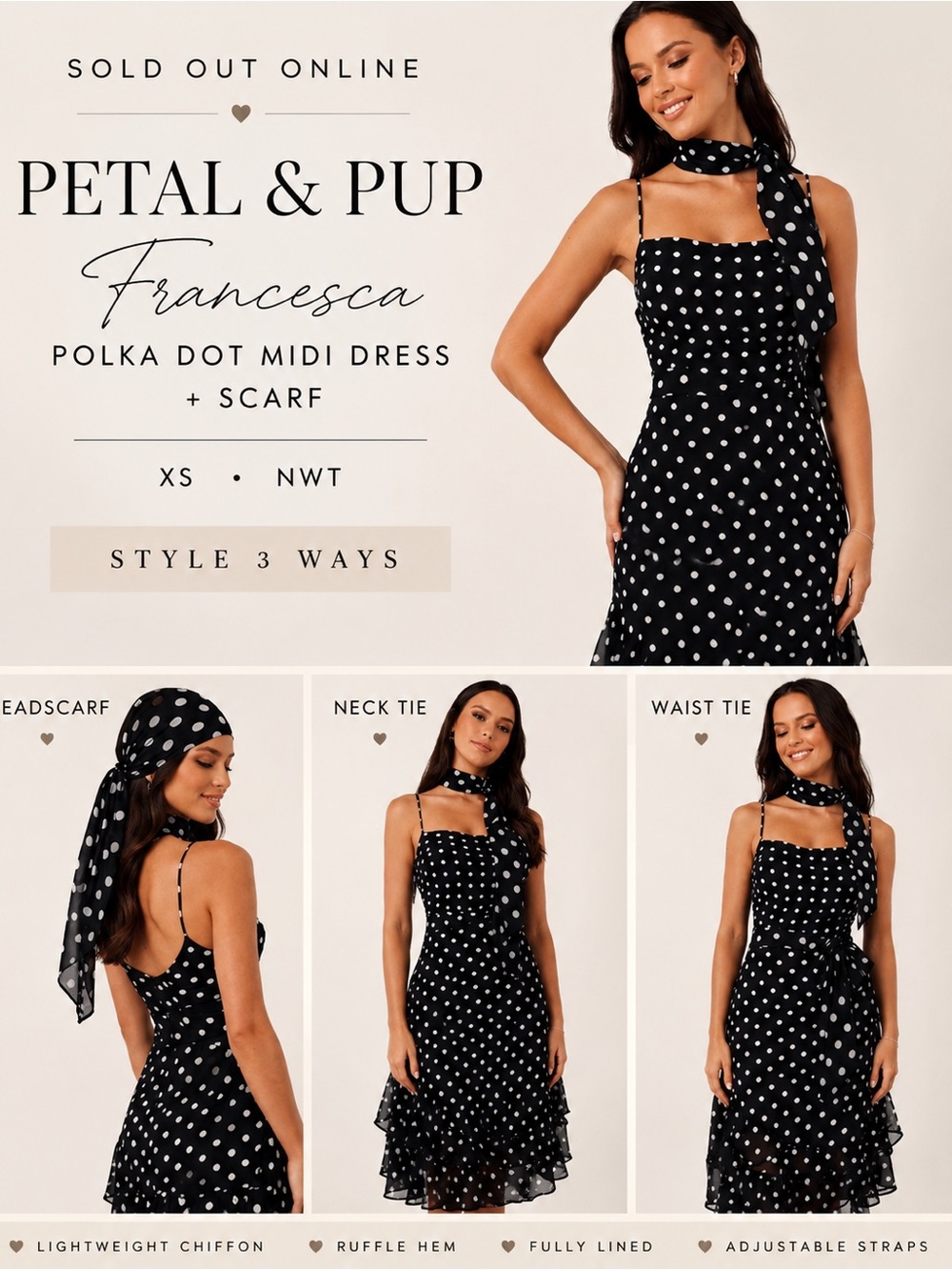 Petal & Pup Black & White Polka Dot Midi Dress with Scarf